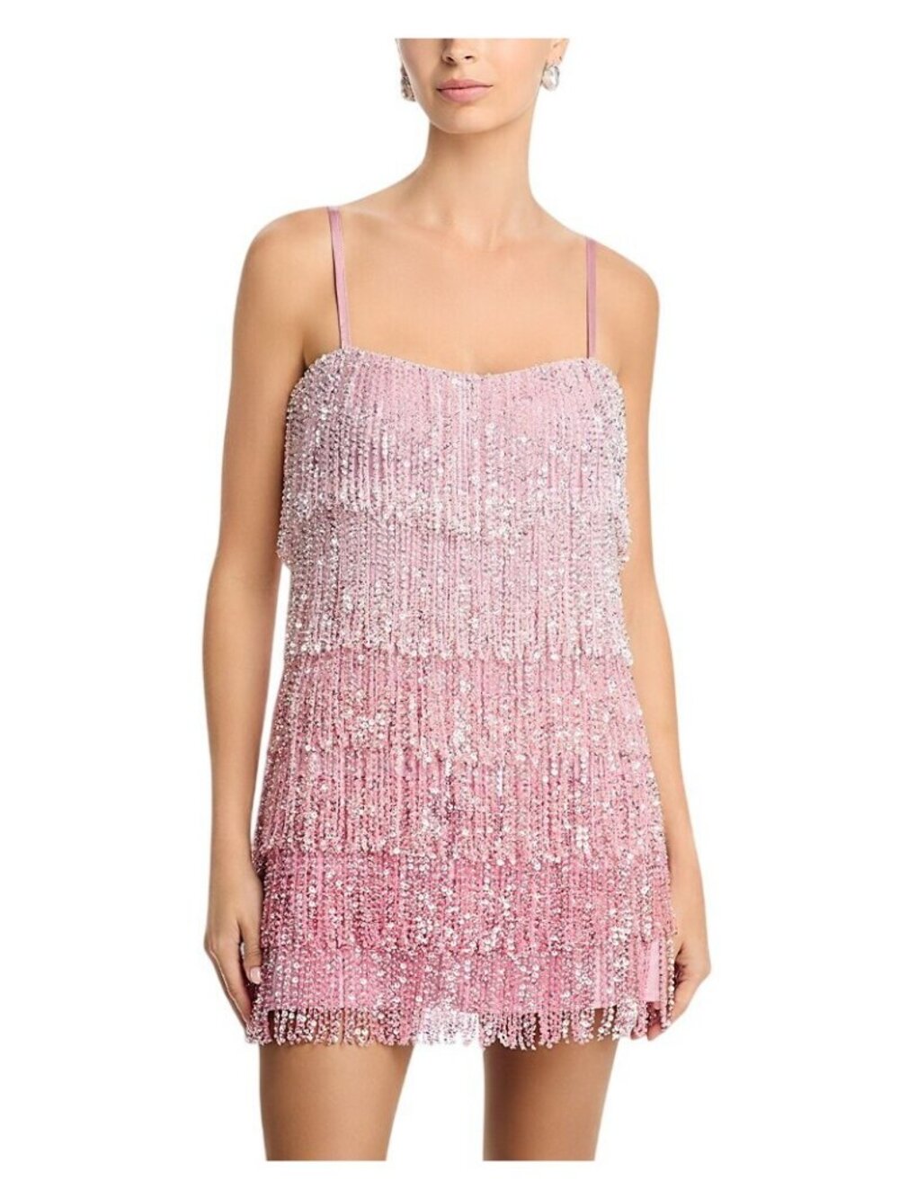 NWT Aqua X Salvatore Rizza Womens Tiered Ombre Fringe Mini Dress IDO14332 Pink M